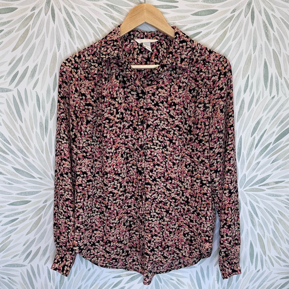 H&M Black Yellow‎ Pink Floral Oversized Button Down Shirt Sz XS